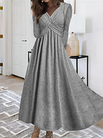 Casual Long Sleeve V Neck Plain Loose Maxi Dress