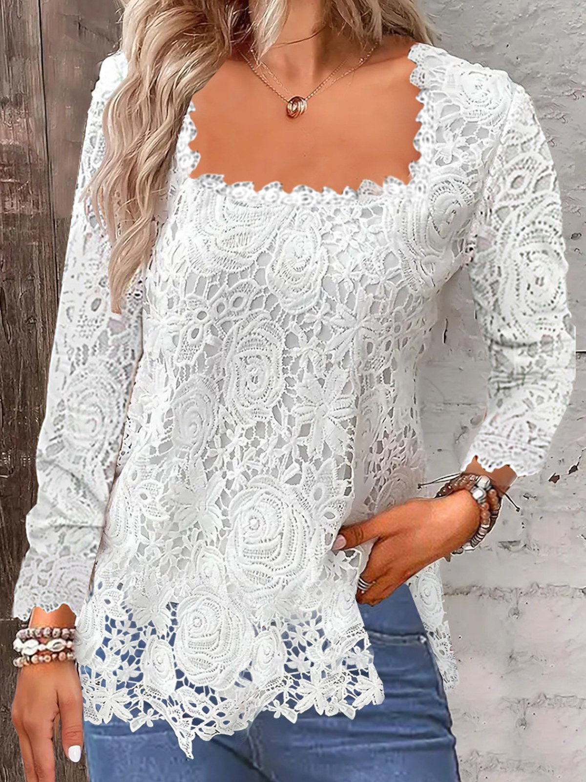 Casual Long Sleeve Square Neck Plain Loose Regular Blouse