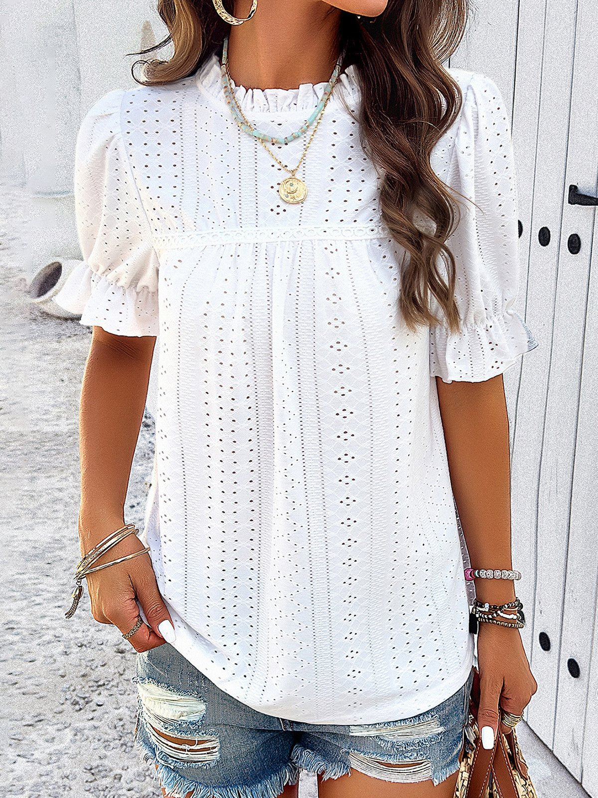 Loose Short Sleeve Stand Collar Plain Casual Regular Blouse