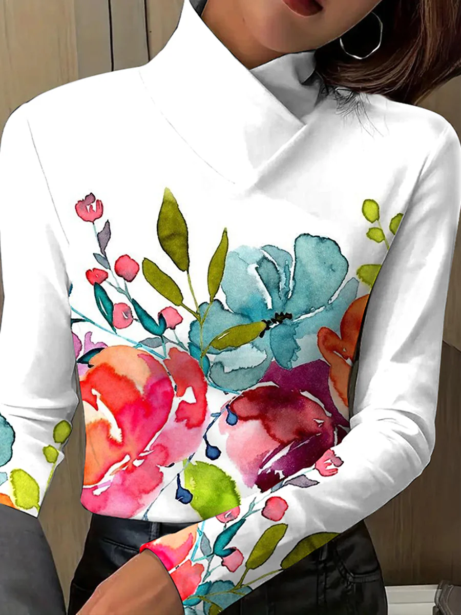 Casual Turtleneck Floral Regular Blouse