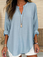 Casual Long Sleeve Notched Plain Loose Mid-Long Blouse