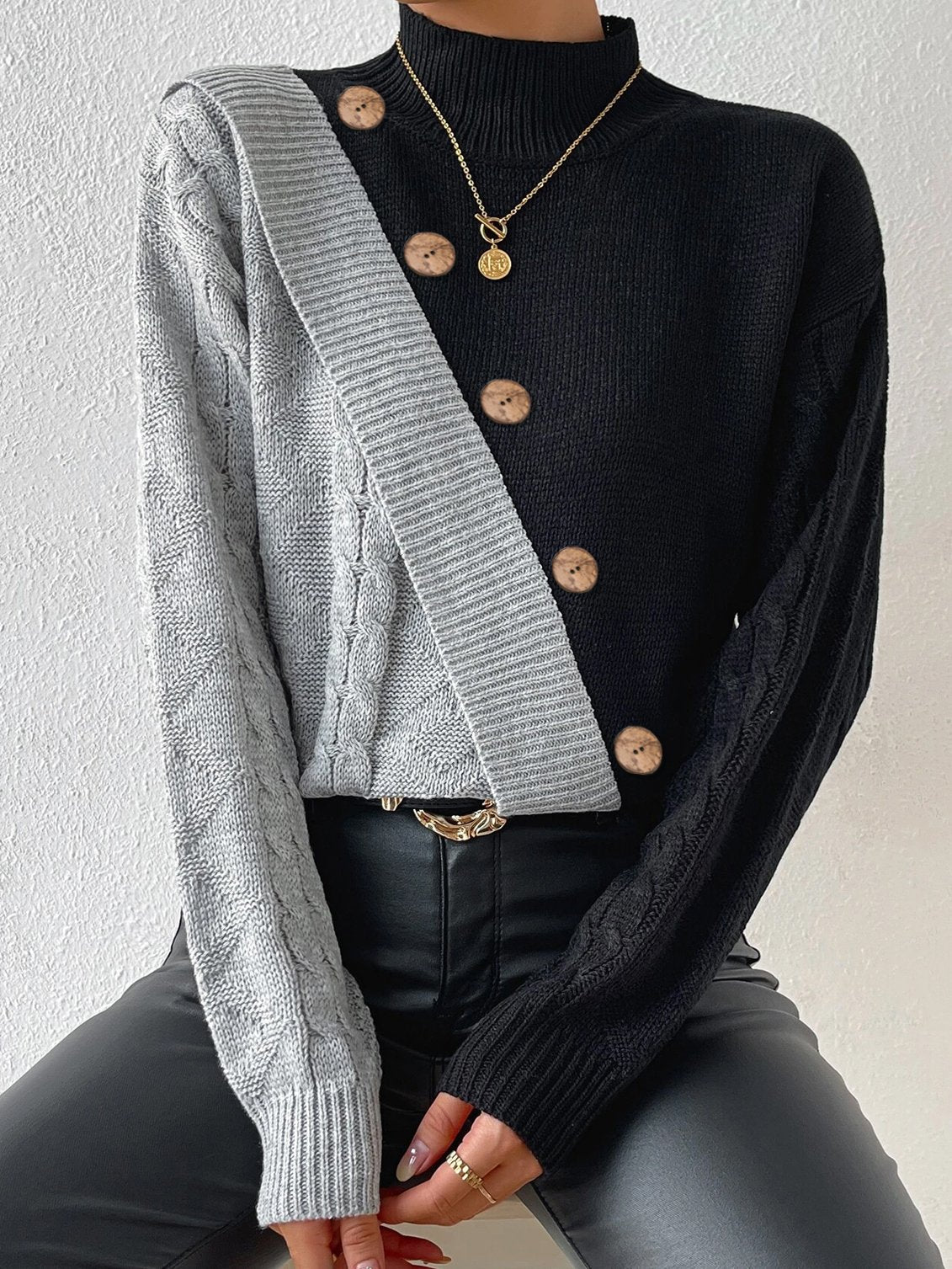 Casual Long Sleeve Turtleneck Contrast Stitching Regular Sweater