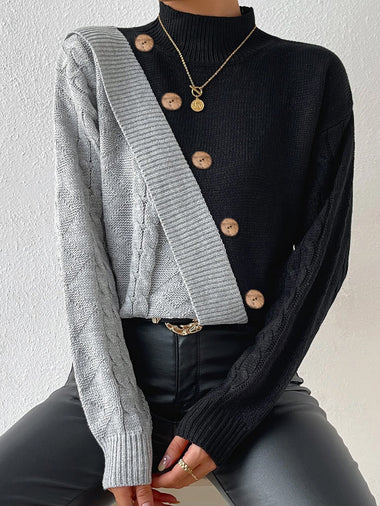 Casual Long Sleeve Turtleneck Contrast Stitching Regular Sweater