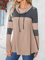 Casual Long Sleeve Turtleneck Color Block Zipper Loose Regular Blouse