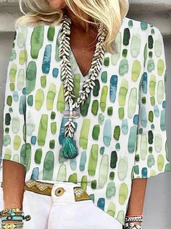 Loose Three Quarter Sleeve V Neck Abstract Graphic Elegant Regular Blouse