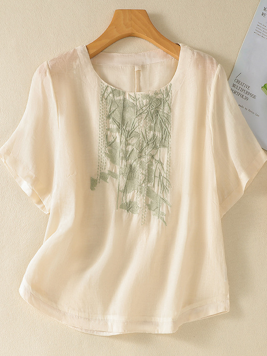 Casual Short Sleeve Shirt Collar Plain Embroidery Loose Regular Blouse