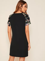 Floral Print Raglan Sleeve Patch Pocket Tee Dress