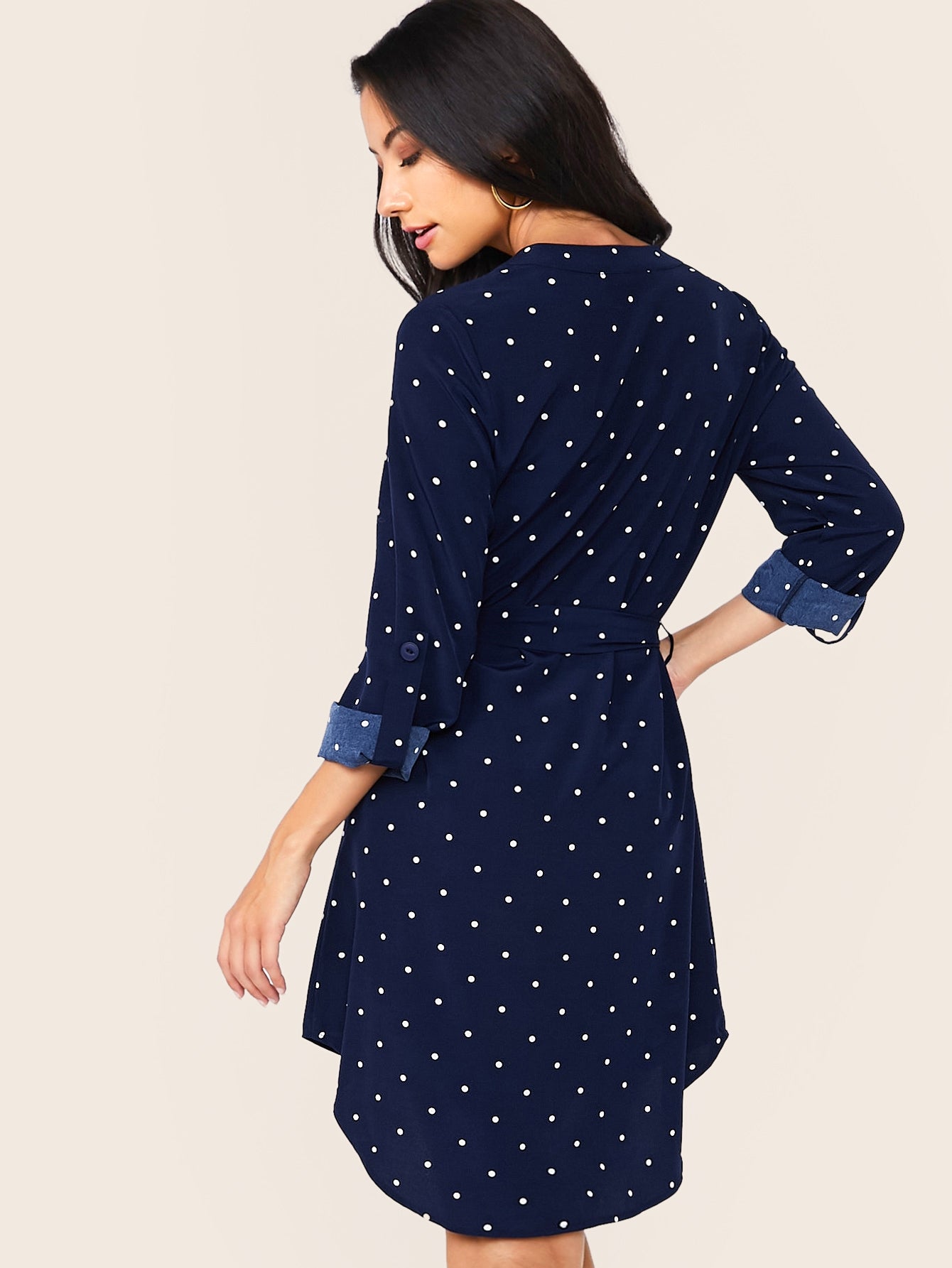 Polka-dot Print Notched Belted Dress
