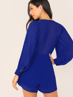 Plunge Neck Pleated Lantern Sleeve Self Belted Romper