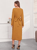 Drop Shoulder Fold Wrap Belted Dress