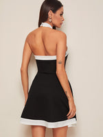 Contrast Trim Crisscross Halted Skater Dress
