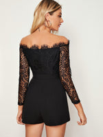 Off Shoulder Lace Bodice Belted Romper