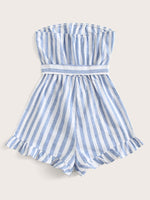 Ruffle Hem Belted Striped Tube Romper