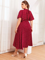 Plus Mock-Neck Flutter Sleeve Self Belted Heart Print Dress