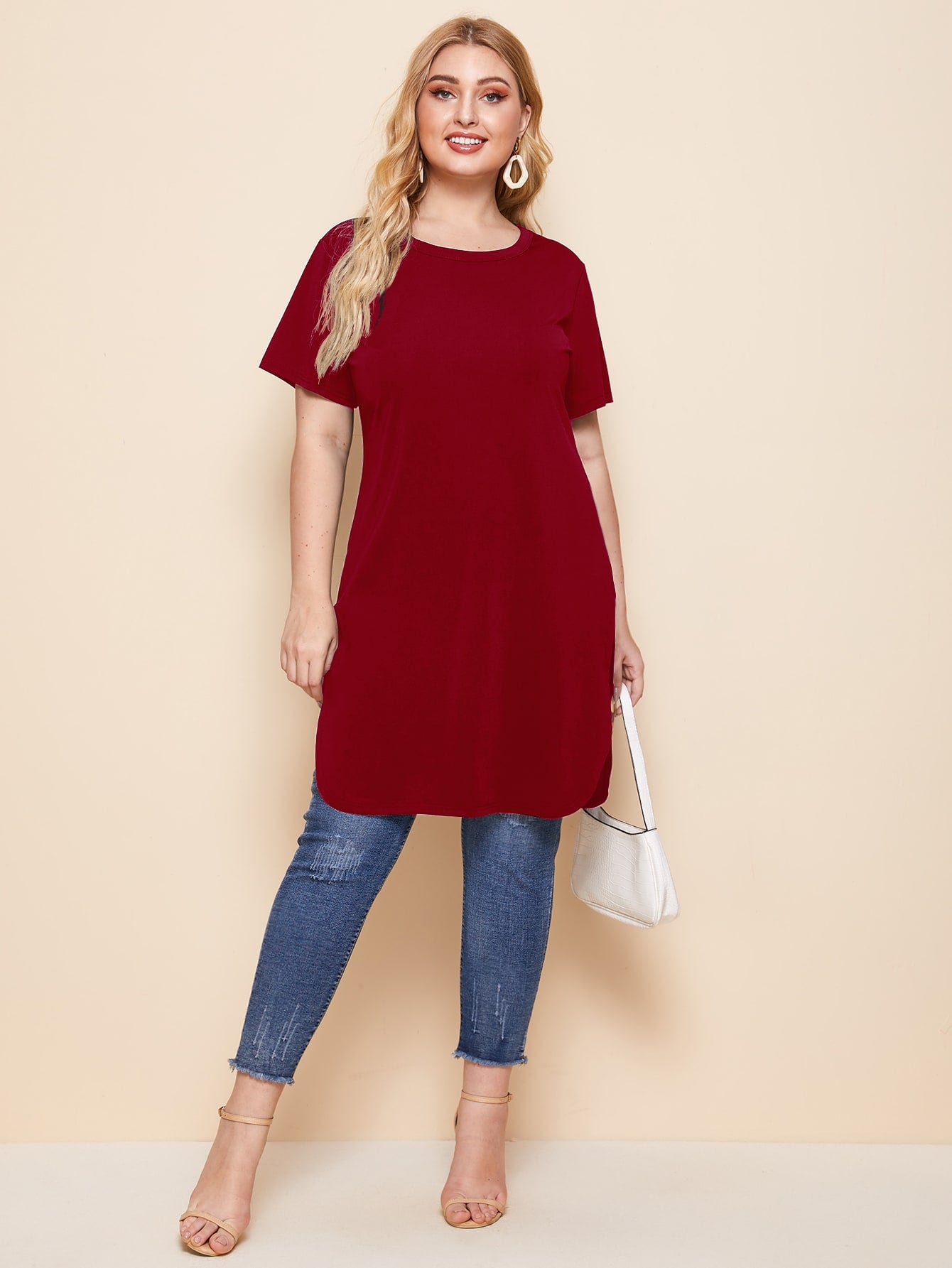 Plus Solid Curved Hem Long Tee