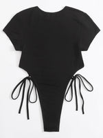 Chinese Letter & Dragon Print Self-Tie High Cut Bodysuit