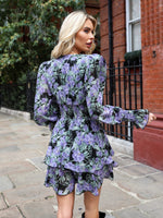 Shirred Panel Layered Ruffle Hem Floral Dress