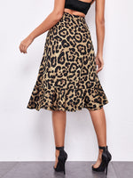 Leopard Print Ruffle Trim Asymmetrical Skirt