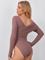 Foldover Asymmetrical Neck Waffle Knit Bodysuit