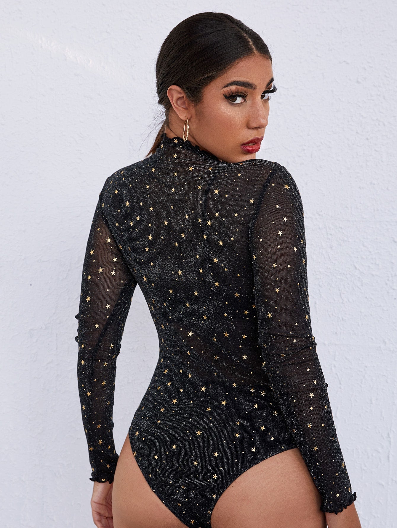 Lettuce Trim Star Mesh Sheer Bodysuit Without Lingerie