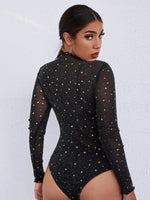 Lettuce Trim Star Mesh Sheer Bodysuit Without Lingerie