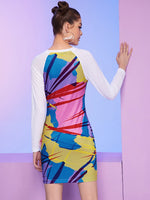 Contrast Raglan Sleeve Colorblock Bodycon Dress