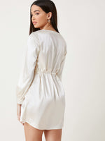 V-Neck Belted Solid Satin Dress