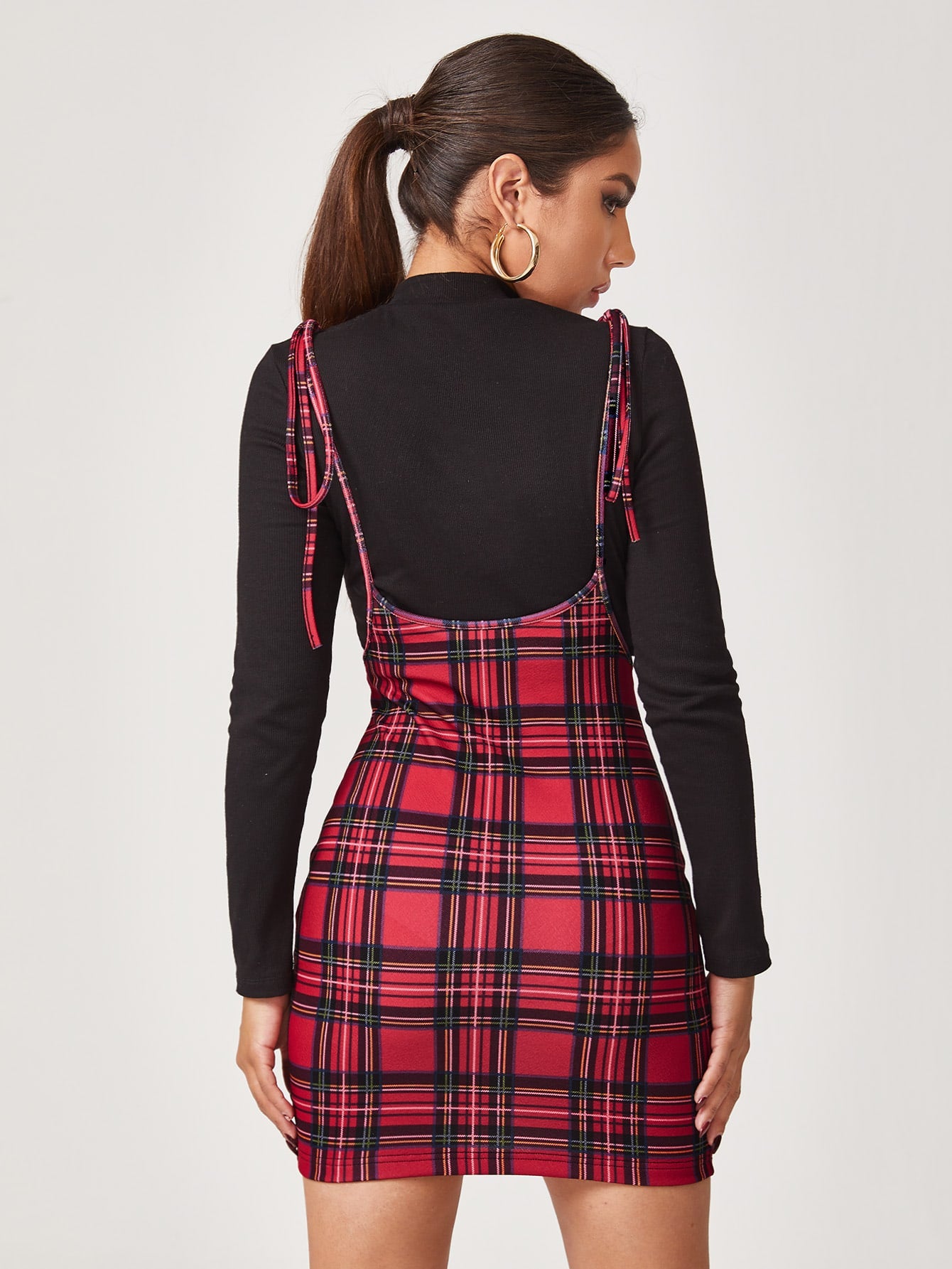 Knot Shoulder Split Hem Tartan Overall Dress