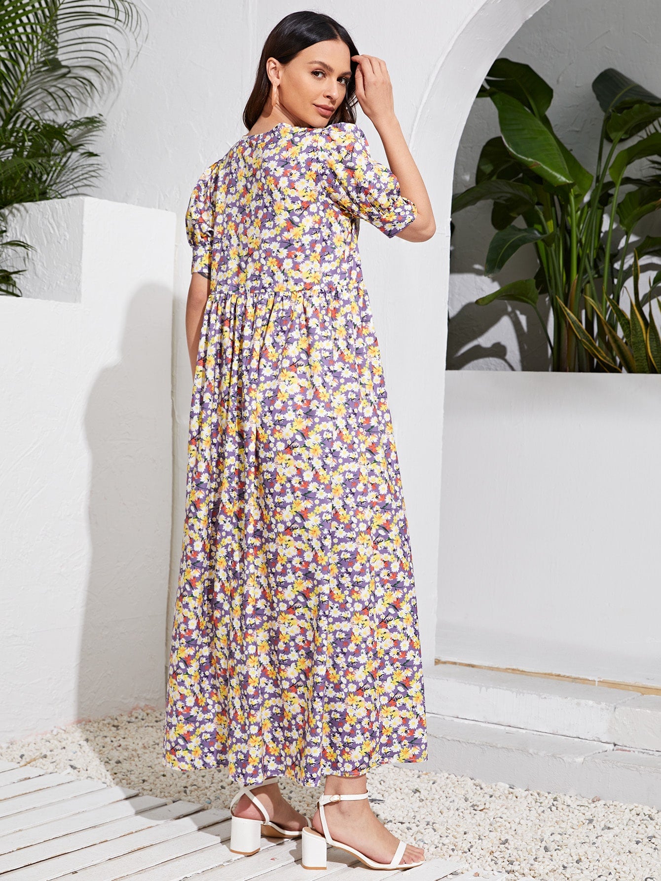 Floral Contrast Eyelet Embroidered Collar Puff Sleeve Dress