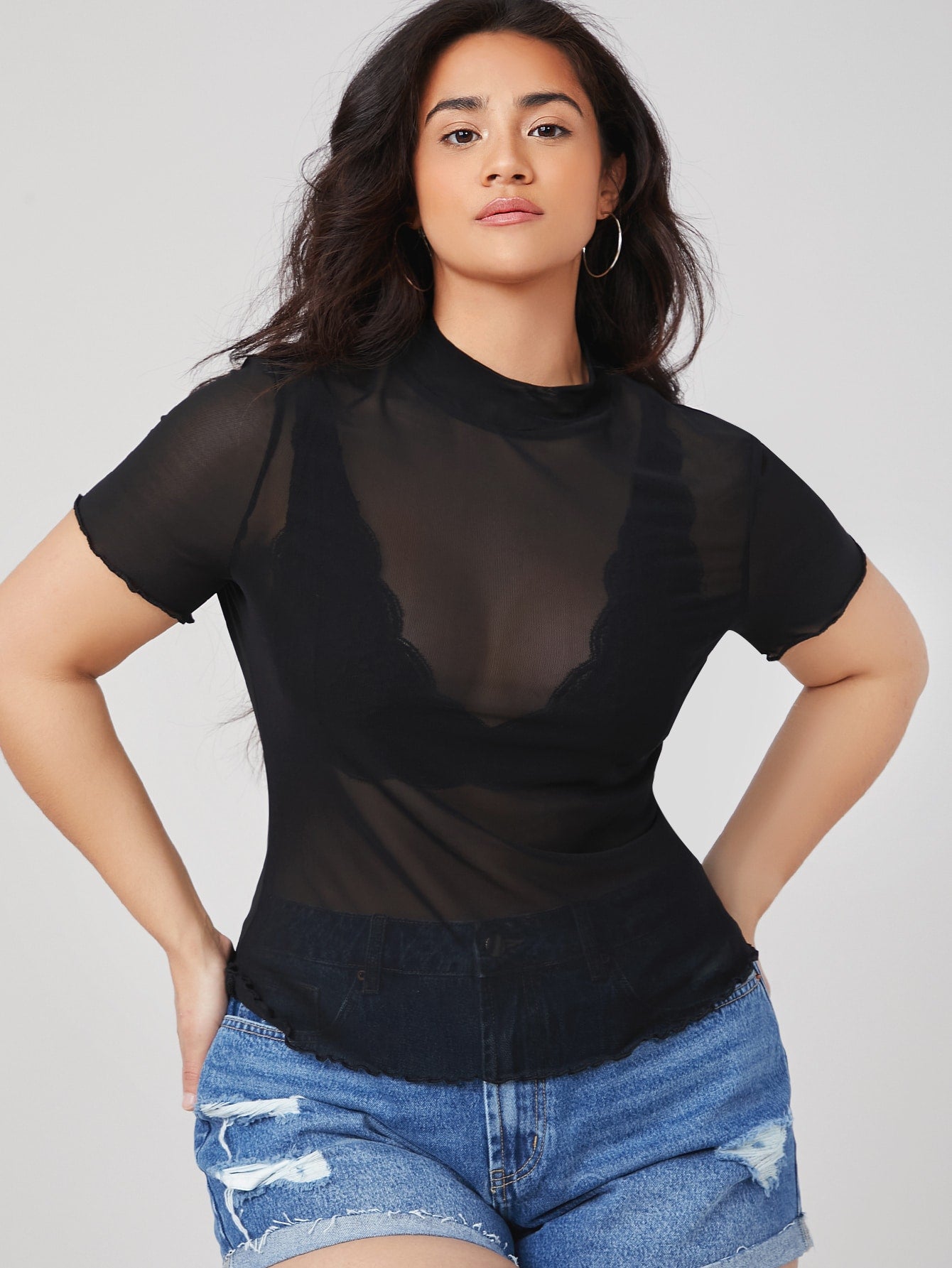 Plus Mesh Sheer Top Without Bra