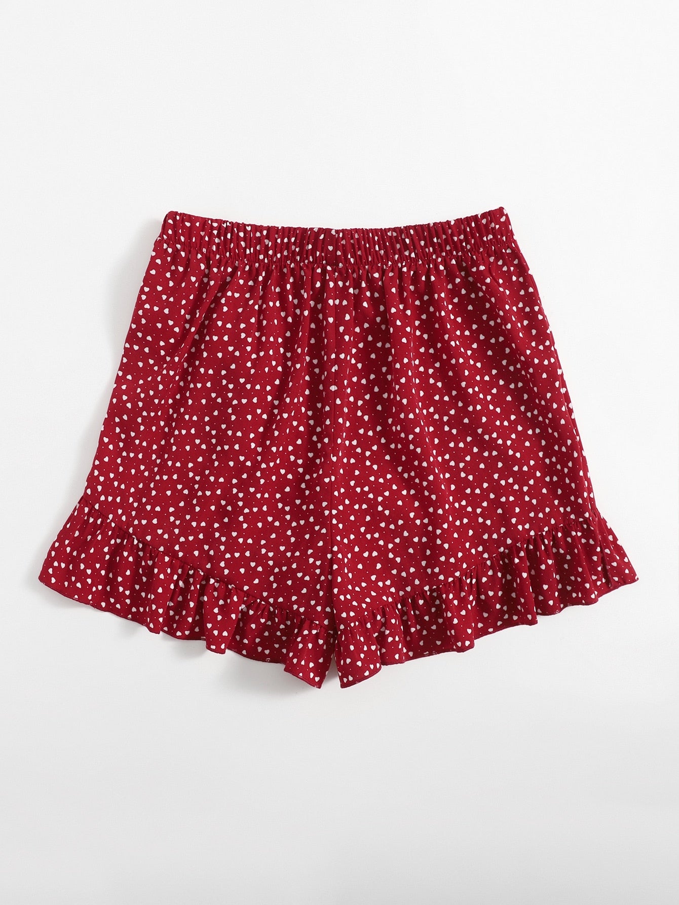Ruffle Trim Wrap Tie Front Heart Print Shorts