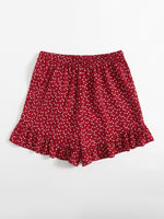 Ruffle Trim Wrap Tie Front Heart Print Shorts
