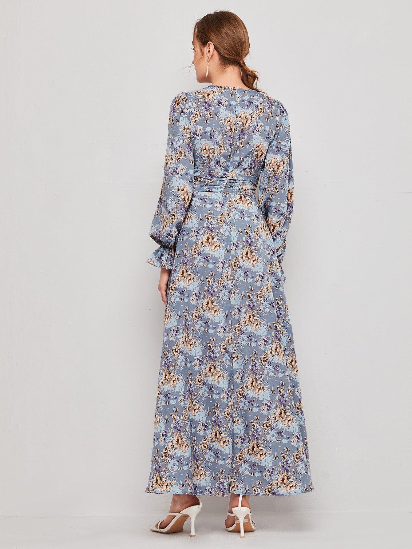Ruffle Cuff Allover Floral Belted Dress