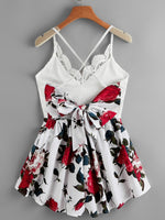 Crisscross Tie Back Lace Bodice Floral Romper
