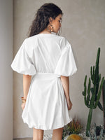 Notch Neck Puff Sleeve Solid Dress
