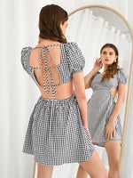 Puff Sleeve Tie Backless Gingham Dress