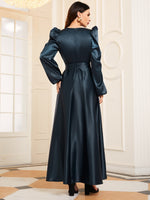 V-neck Lantern Sleeve Belted Dress