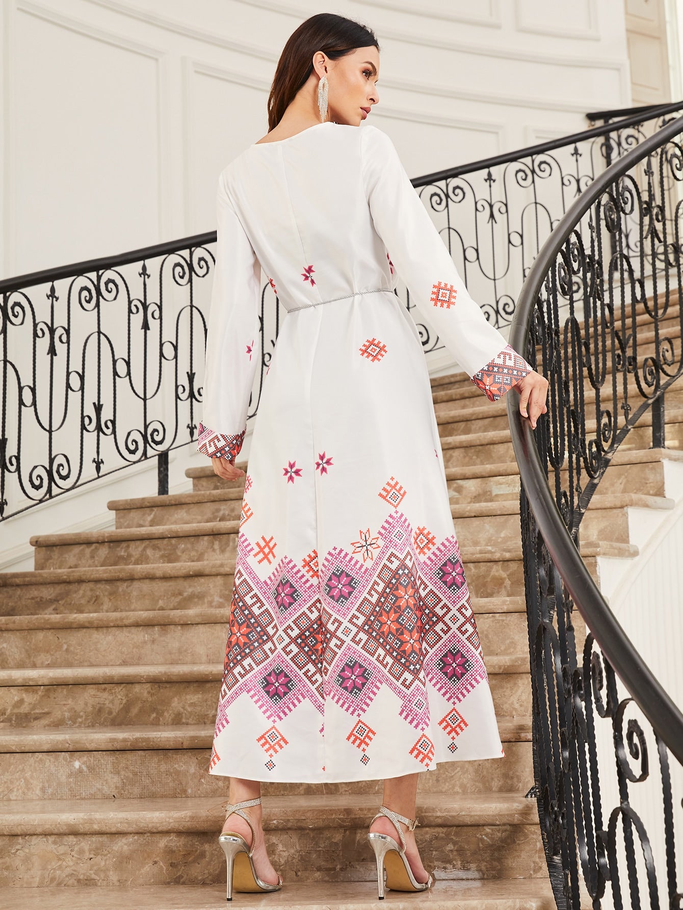 Lace Tape Detail Graphic Print Tassel Belted Dress
