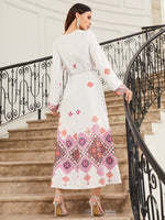 Lace Tape Detail Graphic Print Tassel Belted Dress