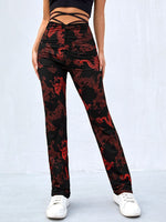 Crisscross Tie Back Ruched Front Chinese Dragon Graphic Pants