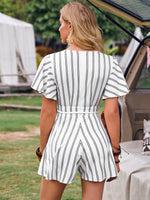 Butterfly Sleeve Self Belted Striped Romper
