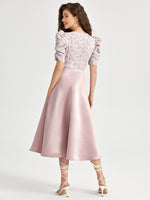 V-neck Ruched Puff Sleeve Crinkle Bodice Dress