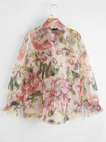 Plus Allover Floral Print Tie Neck Flounce Sleeve Sheer Blouse