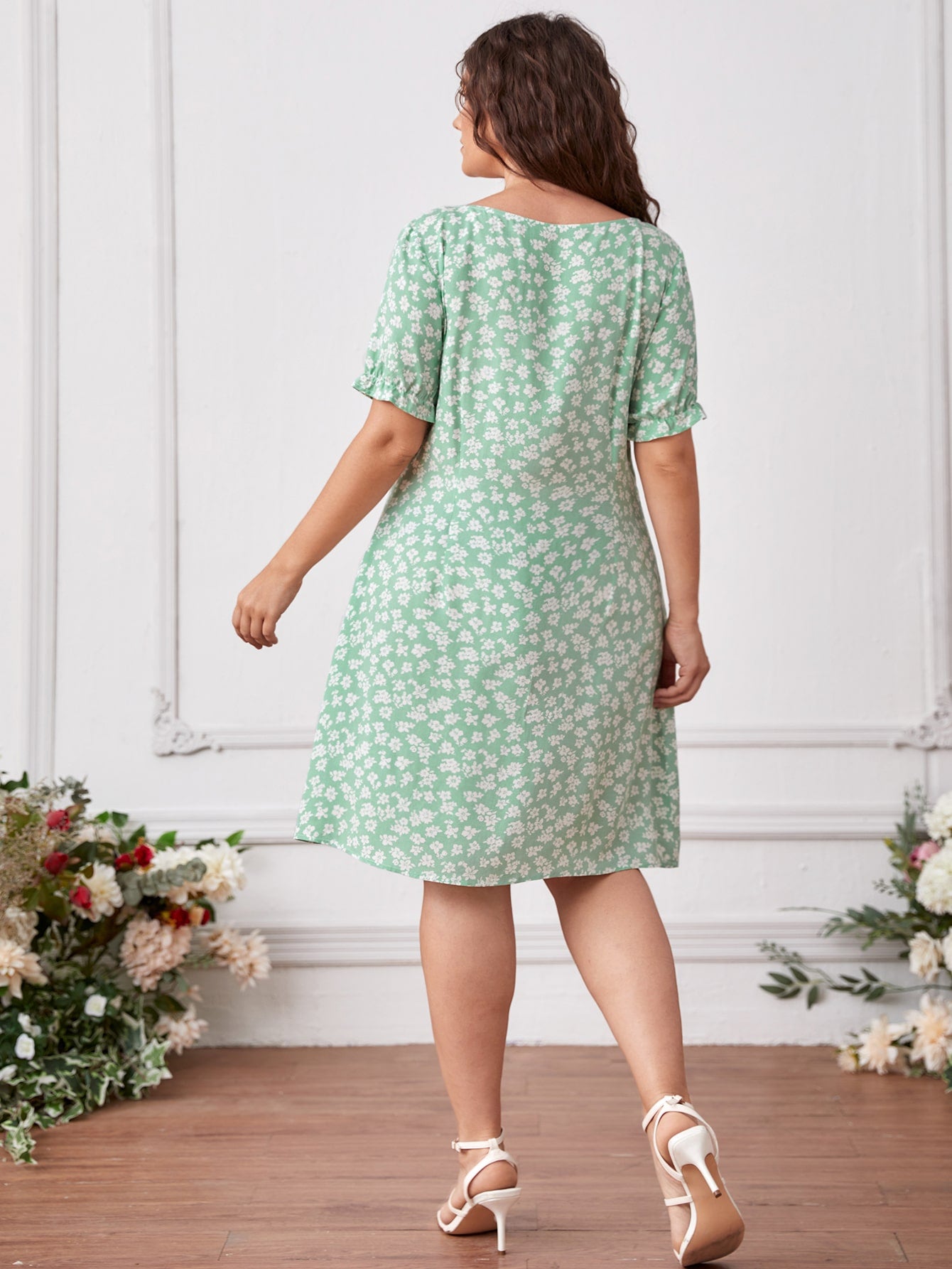Plus Allover Floral Split Hem Dress