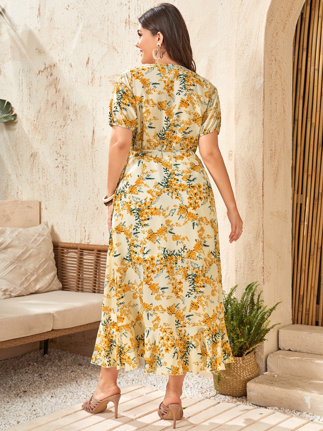 Plus Surplice Neck Knot Ruffle Hem Floral Dress