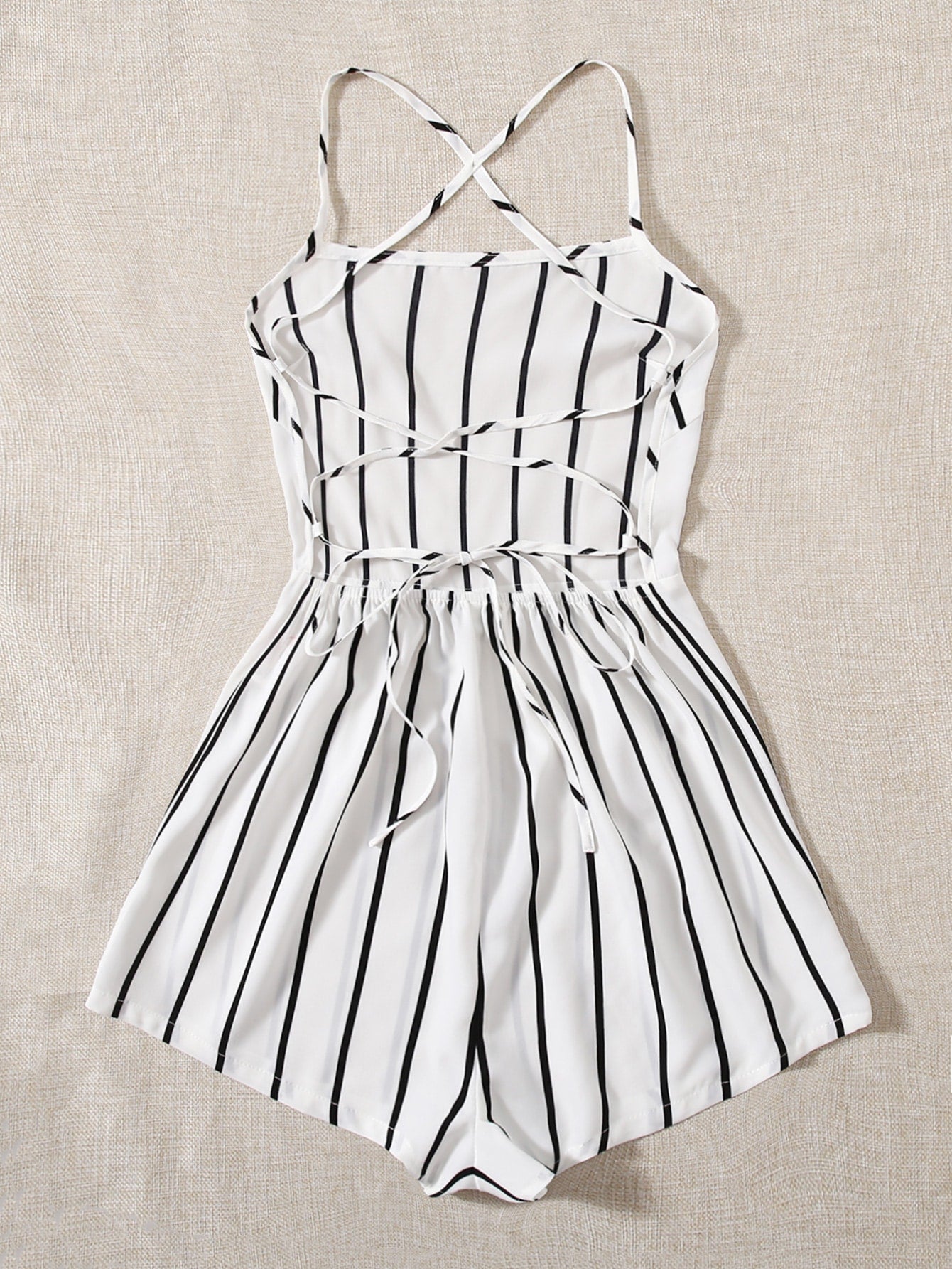 Lace Up Backless Striped Cami Romper