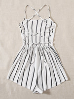 Lace Up Backless Striped Cami Romper