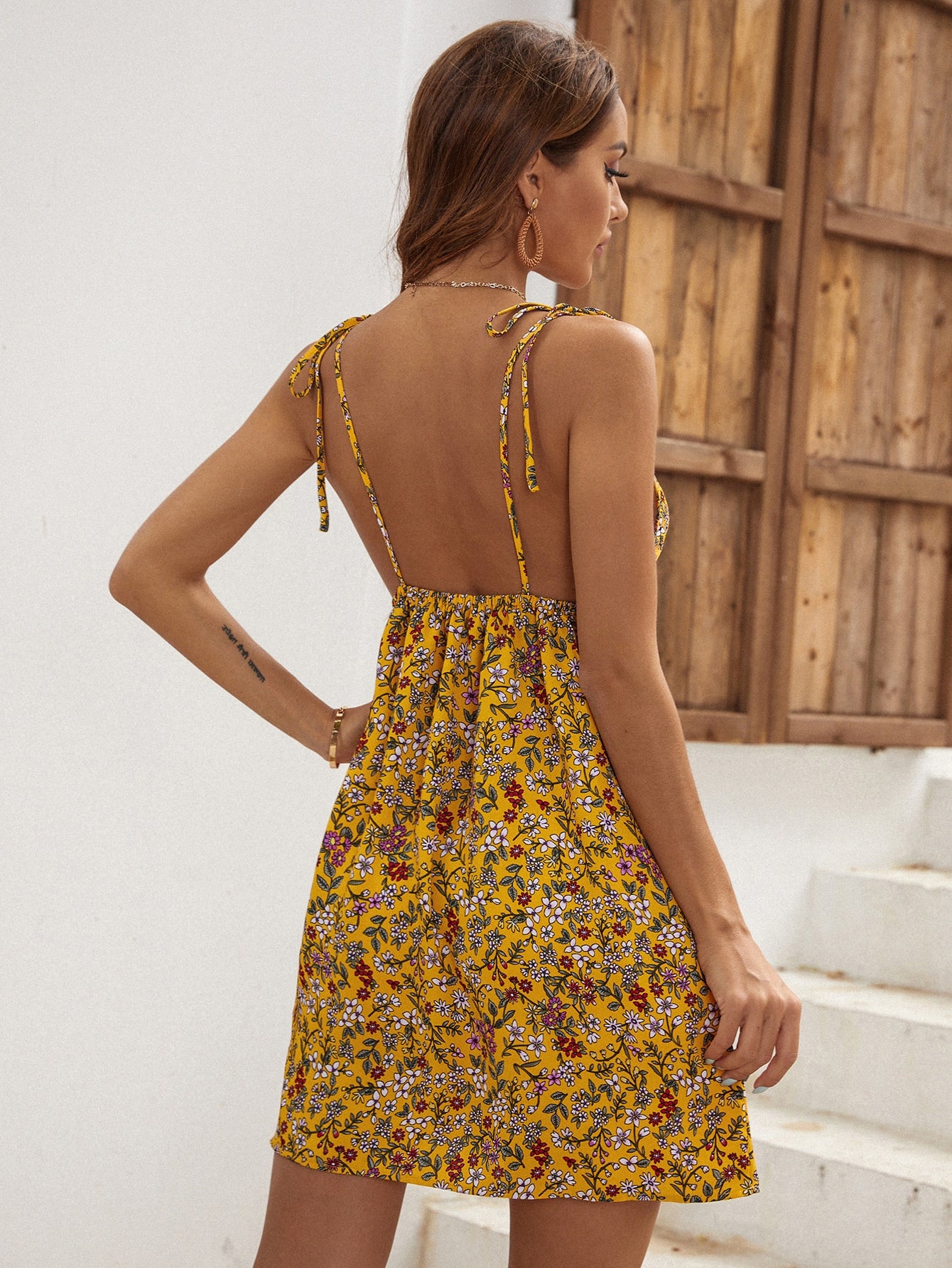 Tie Shoulder Open Back Ditsy Floral Cami Dress