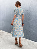 Allover Floral Print Ruched Puff Sleeve A-line Dress