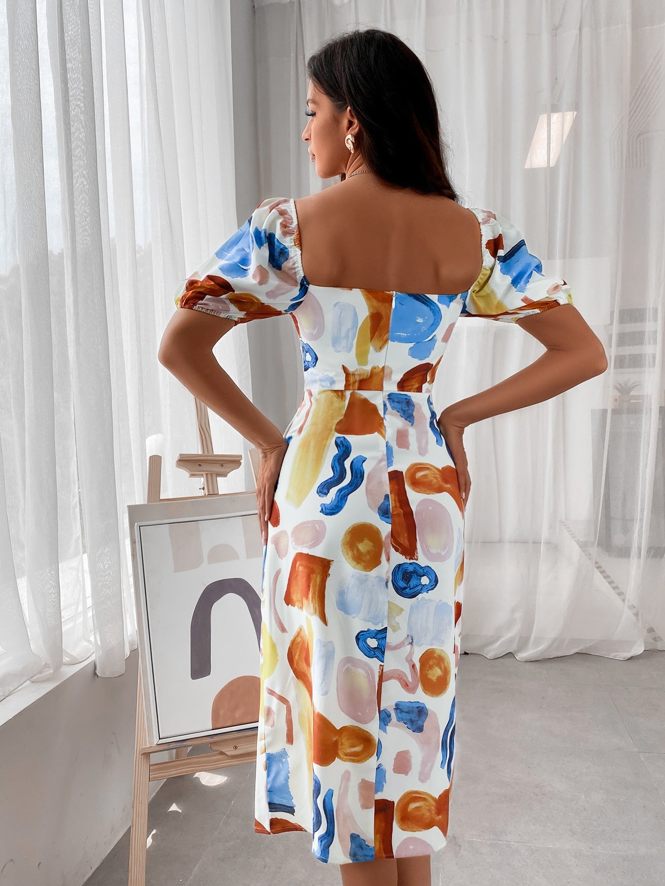 Allover Print Sweetheart Neck Dip Hem Dress